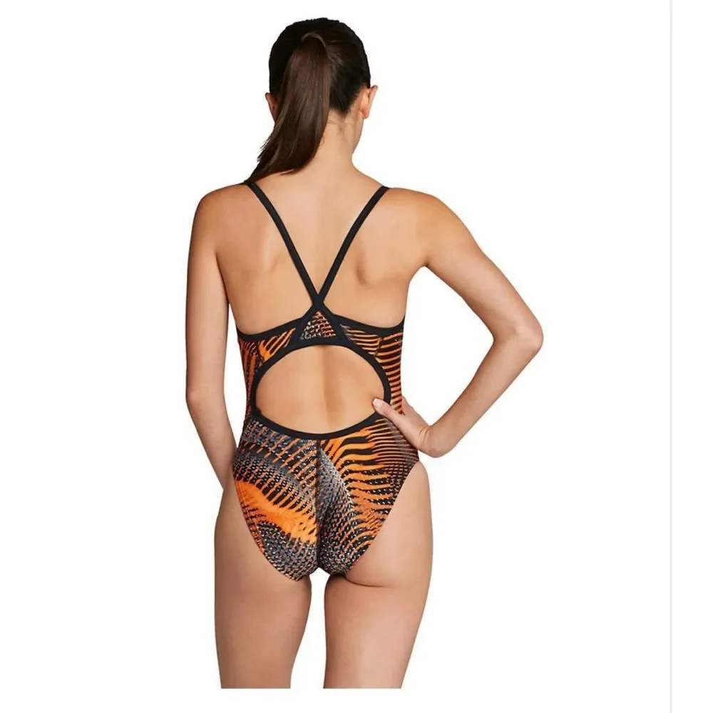 NWT New SPEEDO Coded Riff Flyback Racing Swimsuit Black Orange Print 24 Girl 8